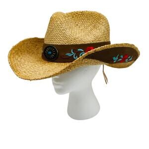 Tea-Stained Raffia Cowboy Hat with Leather Trim and Embroidery